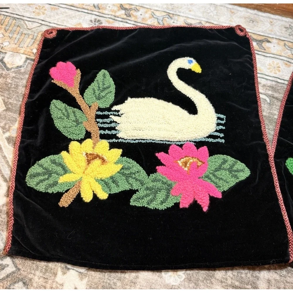 Vintage Velvet Swans & Lotus Punch Embroidery Pillow Covers 17